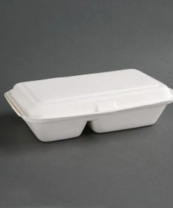 Fiesta Compostable Bagasse Hinged 2-Compartment Food Containers 253mm (Pack Of 200)