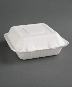 Fiesta Compostable Bagasse Hinged 3-Compartment Food Containers 201mm (Pack Of 200)