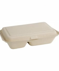 Fiesta Compostable Bagasse Two-Compartment Hinged Food Containers Natural Colour 253mm (Pack Of 200)